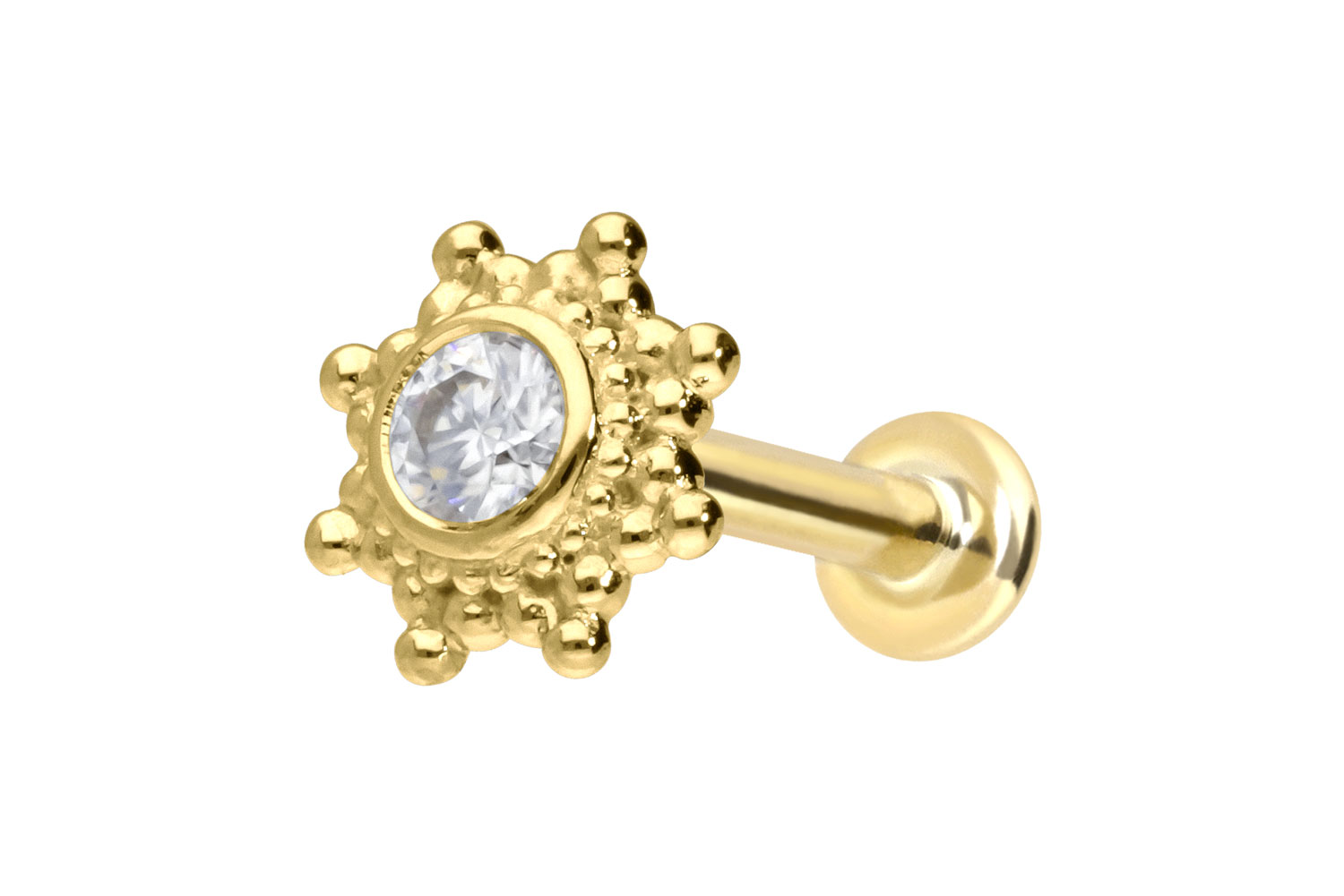 14 Karat Gold Labret Piercing mit Push Fit MOISSANIT-SONNE